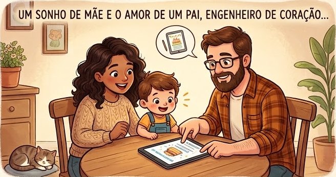 Ilustração do casal com o filho na mesa da cozinha, olhando um convite num tablet, com a legenda “Um sonho de mãe e o amor de um pai, engenheiro de coração”