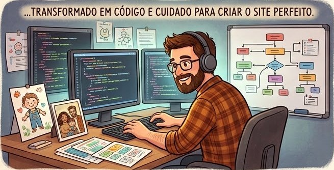 Ilustração do pai programando de madrugada, com telas de código, um fluxograma no quadro branco e o desenho do filho na mesa, com a legenda “Transformado em código e cuidado para criar o site perfeito”