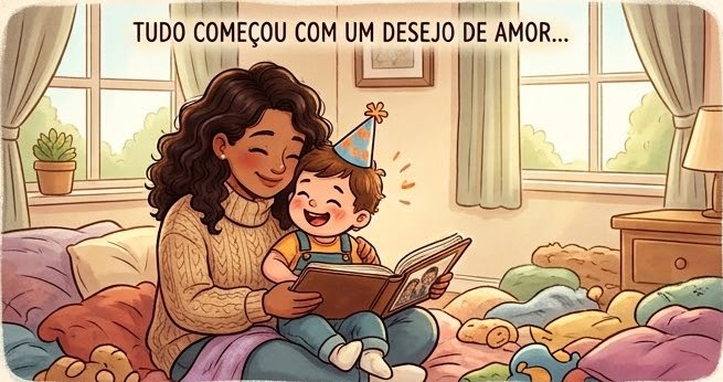Ilustração de uma mãe lendo um livro com o filho pequeno de chapeuzinho de festa no colo, com a legenda “Tudo começou com um desejo de amor”